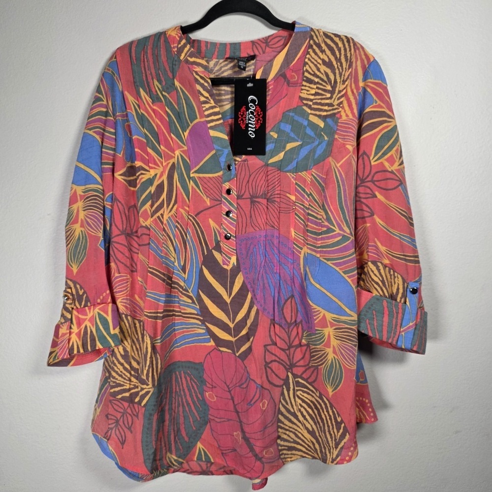 Cocomo Womans 1X Colorful 3/4 Sleeve Popover Y Neck Top Palms Tropical *Read*